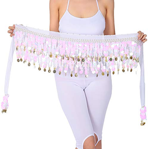 Pañuelo para danza del vientre, falda de danza del vientre, monedas brillantes de lentejuelas, disfraces de bailarín del vientre para mujeres, Talla única, Blanco