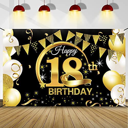 18 Geburtstag Dekoration Schwarz Gold, Banner, Party Deko für Jungen Mädchen, Hintergrund Banner, Extra Großes Stoff Schild Poster, Geburtstagsfeier Liefert