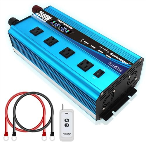 Cantonape 2500W Pure Sine Wave Inverter DC 12V to 110V/120V AC with LCD Display, 4 AC Outlets, Wireless Remote Control Car Power Inverter for Outdoor RV Camping Truck