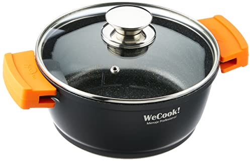 WECOOK! Ecochef Titanio Cazuela Alta Inducción Tapa de Cristal 20cm, 5 Capas Antiadherente QUANTANIUM Ecológico sin PFOA, Aluminio Fundido 5mm, 9cm Alto, Asas Silicona, Vitrocerámica, Gas, Horno