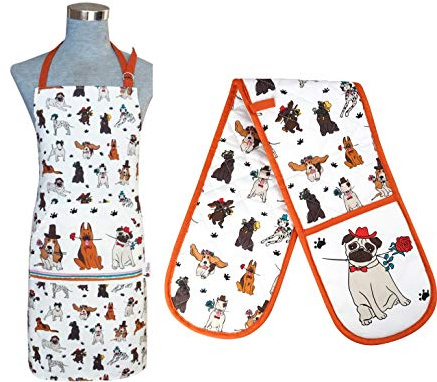 SiXsigma Sports Set of 2 Cooking Chefs Apron With Double Oven Gloves - Quick Dry Kitchen Cotton Aprons For Cooking, Baking & BBQ Grill - Perfect Mothers Day Gifts (Dogs in the Kitchen)
