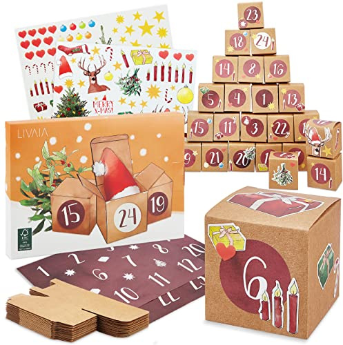 Adventskalender 2025 zum Befüllen – DIY Set mit Schachteln und festlichen Stickern – LIVAIA