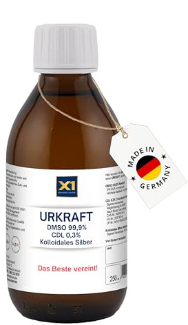 X1 URKRAFT – Kolloidales Silber 250ml / 50 ppm + DMSO 99,9% + CDL 0,3% – 3 in 1 Silberwasser vegan, Laborgeprüft, ohne Zusatzstoffe ISO-zertifiziert, aus Braunglas - Made in Germany