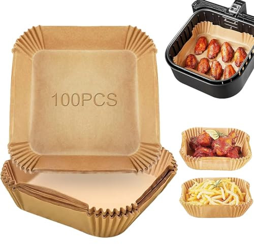 100 Stück Luftfritteusen Pergamentpapier, Backpapier Airfryer 20cm Quadrat, Airfryer Backpapier Antihaft, Ölfest, Wasserdicht für Heißluftfritteuse Ofen Mikrowelle