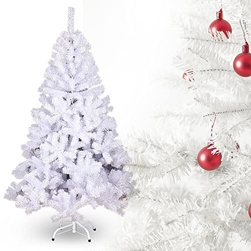 Ikodm Albero di Natale Artificiale in PVC, 150cm Abete Artificiale con 350 rametti, Ignifugo, supporto pieghevole in metallo, Facile Montaggio, colore: Bianco