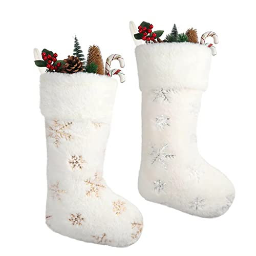 ＣＨＡＭＥＥＮ Plüsch Nikolausstrumpf, Fell Nikolausstiefel zum Befüllen und Aufhängen, Großer Weihnachtsstrumpf Kamin, 2er Set Nikolaussocke Gefüllt als Weihnachtsgeschenktasche