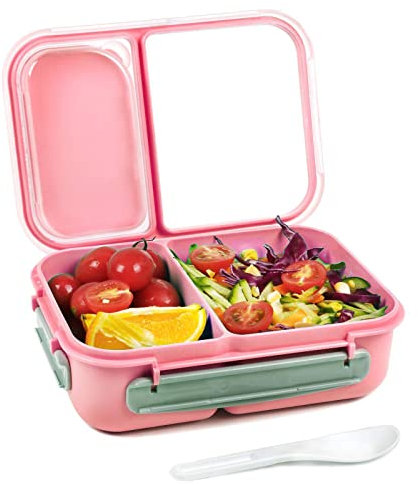 CHAMEEN All in One Salad Container for Lunch, 1600 ml, Lunch Box for Children and Adults, 2 Separate Compartments, Bento Box, Green, with a Stackable Tablespoon, Leak-Proof