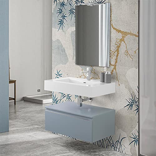 Inbagno Mobile bagno sospeso 80 cm blu pastello opaco con chiusura soft-close, completo di lavabo sospeso in resina 80 cm e specchio reversibile a filo lucido 60x80 cm
