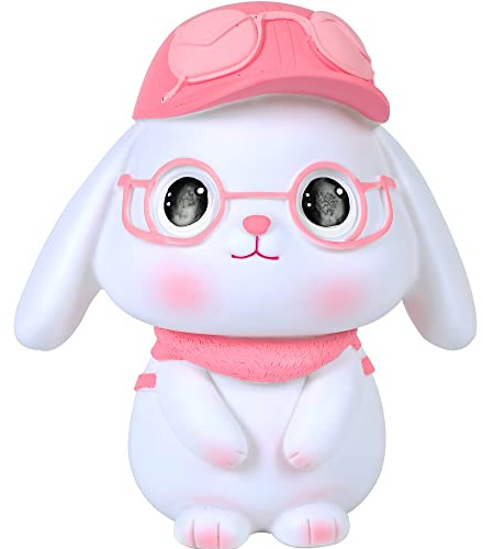 H&W Bunny with Glasses Coin Money Bank, Shatterproof Explorer Rabbit Piggy Bank, Creative Money Bank, Can Store 800 Coins, Best Bitrthday Gift (Pink)