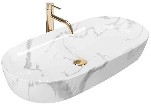 Rea Cleo 81 Shiny Marmo Countertop Washbasin 810 x 410 x 135 mm, Ceramic (White, Imitation Marble)