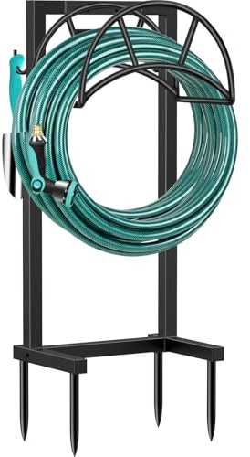 TomCare Garden Hose Holder 4 Spikes Garden Hose Reel Hose Stand Upgraded Water Hose Storage with Tool Hooks Garden Hose Hanger Organizer Holds 160ft Hoses for Outside Yard Lawn, Black