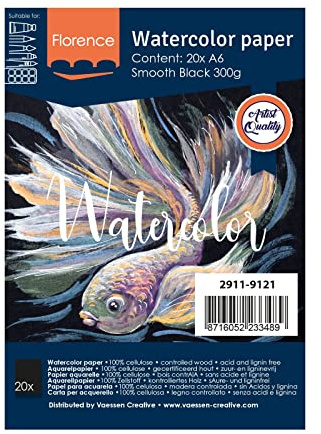 Florence Papel para Acuarela Liso - Papel Aquarelle para Pintura al Agua A6 - Negro - Bloc de Dibujo y Cuaderno para Dibujar, Papel Artístico y para Acuarela - 300 gsm