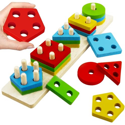 20 Stück Holz Sortier & Stapelspielzeug, Montessori Spielzeug Ab 1-3 Jahre, Steckpuzzle, Geometrische Baukasten, Stapelturm und Puzzle Motorikspielzeug, Lernspielzeug