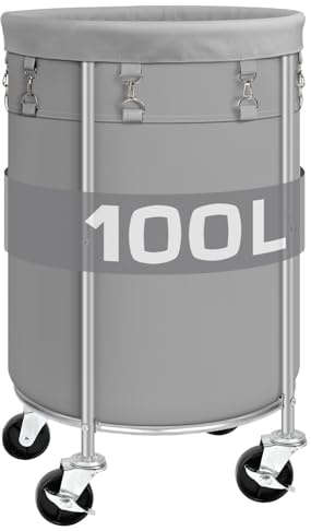 Laundry Hamper with Wheels, 100L Round Rolling Laundry Basket Sorter with Removable Bag, Clothes Cart Organizer with Steel Frame for Bedroom, Bathroom, Laundry Room, Grey