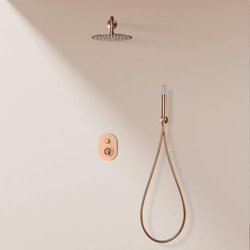 IMEX - Ducha Empotrada Monomando Oro Rosa | Conjunto de Grifería Empotrado con Alcachofa y Rociador Antical Efecto Lluvia | Columna Ducha Empotrada en Latón y Acero Inox S.304 | Serie Olimpo
