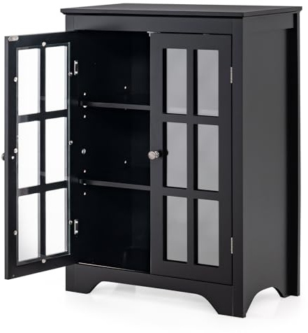 Multigot Bathroom Floor Cabinet, Freestanding Wooden Storage Cupboard with Double Tempered Glass Doors and Adjustable Shelves, Multifunctional Modern Side Cabinet Storage Organizer Unit (Black)