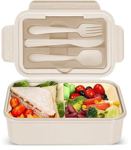 IJIAMY Bento Lunch Box - 1400ml Adult & Kids Lunch Container with 3 Compartments, Cutlery, Dishwasher Safe, BPA Free