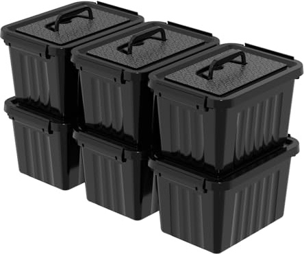 Yesdate Set of 6 Black Small Storage Boxes with Handle Lids, 6 Litre