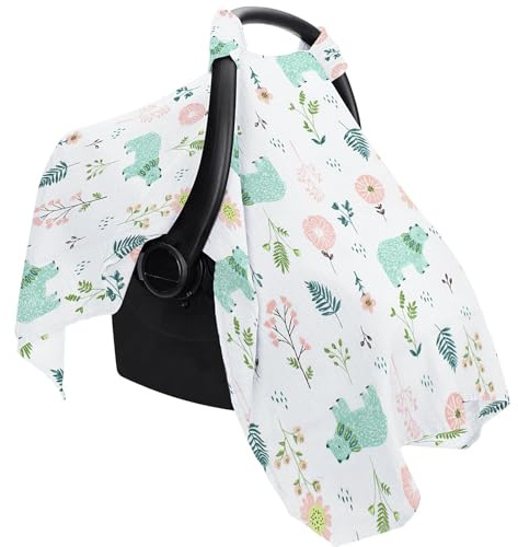 Muslin Cotton Child Car Seat Cover - Baby Car Seat Cover,Summer Stroller Sun Shade Canopy, Breathable Child Carrier Cover for Girl Boy with Dinosaur & Flower Patterns