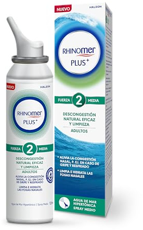 Rhinomer Plus, Fuerza 2, Spray Nasal de Agua de Mar Hipertónica, Descongestión Natural Eficaz y Limpieza, Fuerza Media, Para Adultos y Niños +6 Años, 125 ml