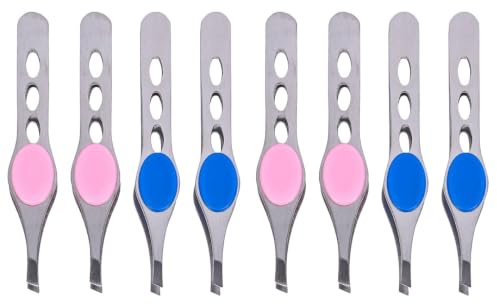 Baluue 8 Stück Edelstahl Augenbrauenpinzette Präzisions Zupfpinzette Set | Schräge Pinzetten mit Anti-Rutsch Griff für Heimgebrauch Sal Augenbrauenpflege & Haarentfernung, Pink & Blau