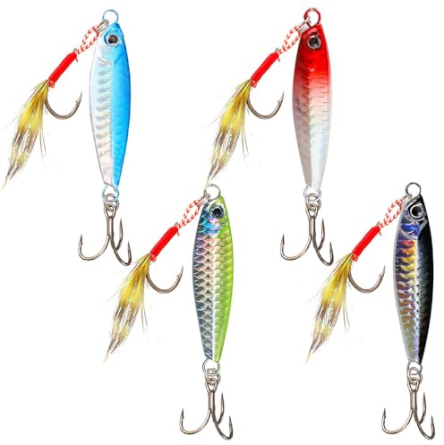 4 Pack Metal Sea Fishing Lures 30g Sea Fishing Spinner Lure Eyes Realistic | 1oz, Vertical Jig Beach Casting Lures with Assist Hook & Treble Hook for Mackerel Cod Sea Bass Pike Freshwater Saltwater