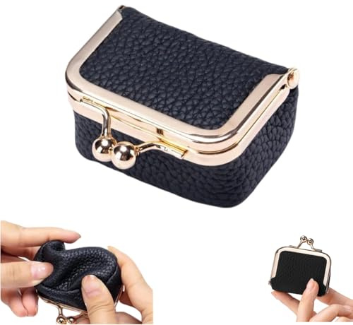 VVQWCY Mini Schmuckkästchen aus Echtem Leder, Tragbarer Schmuckkästchen mit Kussverschluss für Ringe, Ohrringe, Halsketten (Schwarz)