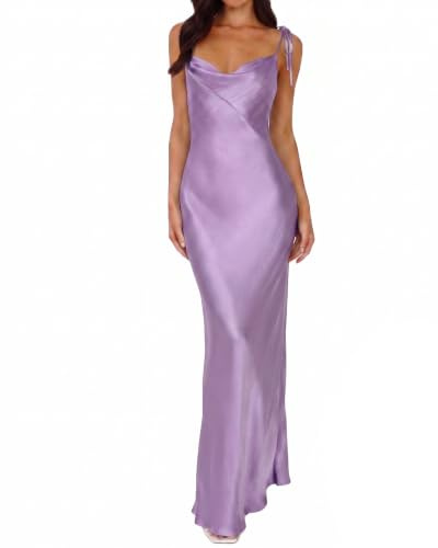 UEZOU Vestido largo de satén con cuello drapeado y tirantes delgados para mujer, vestido formal de invitada de boda con abertura, Lila, S