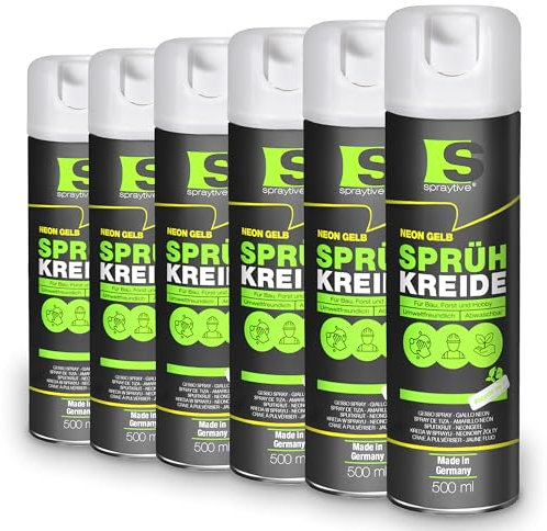 Spraytive 6 x 500 ml di gesso spray giallo fluo – Vernice a gesso lavabile, spray per pavimenti, spray temporaneo per asfalto, erba, calcestruzzo