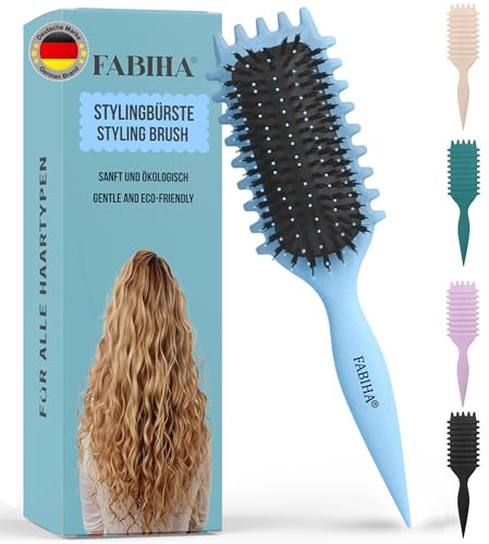 FABIHA® 𝐏𝐑𝐄𝐌𝐈𝐔𝐌 Lockenbürste - Curly Hair Brush - Bio Haarbürste ohne ziepen - Wildschweinborsten Bürste - Die Originale 3-in-1-Stylingbürste für trendige Lockenfrisuren (Hellblau)