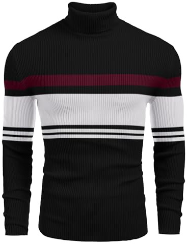 COOFANDY Mens Ribbed Slim Fit Knitted Pullover Casual Turtleneck Sweater Black White Red Striped