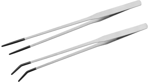 MVOLEGDE 2 Stück Pinzette Lang, Edelstahl Mit Gummispitze Aquarium Pinzette Lang, 27CM Erade/Gebogen Futterpinzette, Silbrig Pinzettes Aquarium, für Eidechsen Wasserpflanze Pflanzenpinzette