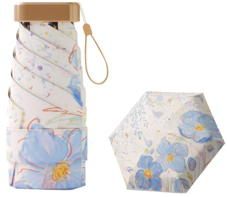 Meichoon UPF50+ Parapluie de voyage compact et léger Protection UV Mini Portable Coupe-vent Solide Imperméable Parasol pliable Design floral à la mode pour les femmes