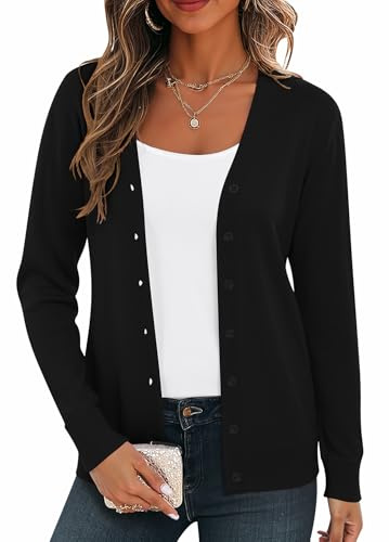 BEIGAI Cardigan leggero da donna a maniche lunghe con scollo a V Vintage Classico Cardigan con bottone, Nero , M