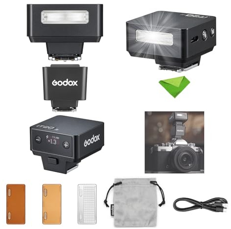 Godox iT20 S iT20-S mit Blitzschuh-Riser, TTL-Blitz für Sony, 700-Volt-Blitz, 1,5 s Recyclingzeit, eingebauter Lithium-Akku, Mini-Blitzgerät mit Farbfiltern (KEIN HSS, Schwarz)
