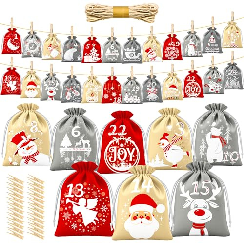 BoriYa Calendario Adviento para Rellenar - Terciopelo Bolsas Calendarios Adviento Vacio, DIY Calendario de Adviento Rellenable, Niños Bolsitas Calendario de Navidad para Rellenar 2025