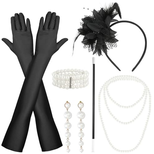 6 stycken 20-tals accessoarer damset, Gatsby accessoarer damer från pannband, handskar, halsband, armband, örhängen och cigarettspets, huvudbonad 20-talet dam för danser och fester