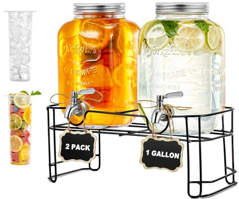 Glas-Getränkespender mit Ständer, 4L×2 Getränkespender, Glas-Wasser-Saftspender mit Hahn für geeiste Säfte, Wasser, Hausgemachte Getränke, Weihnachten Partys, Camping