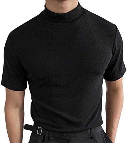 Top con collo a lupetto per uomo moda dolcevita t-shirt manica corta pullover maglione maglietta intima slim fit tees canottiera, Z12-black Mock Neck Top per Uomo, XL