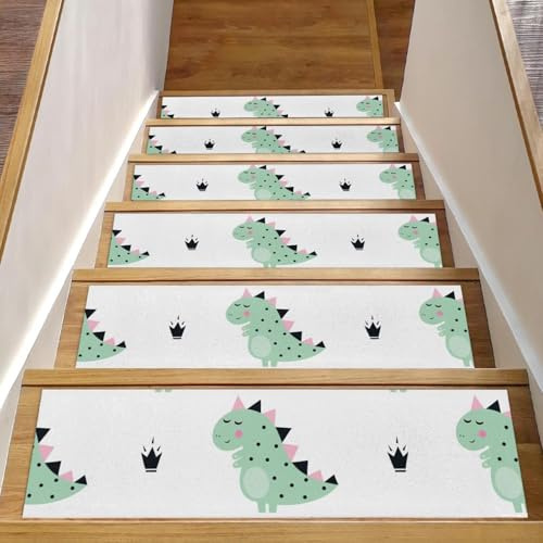RODAILYCAY Tappetini per scale in legno antiscivolo, 15 pezzi, 20,3 x 76,2 cm, tappeto per scale, per interni, motivo dinasauri, colore verde, tappetini di sicurezza per bambini, anziani e animali