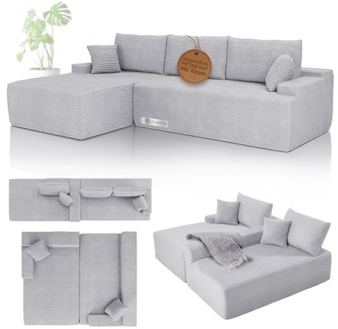 Juskys Sofa Coredo - modernes Cord Sofa mit Ottomane Links, gemütliche Couch mit Schaumstoffpolsterung, Cordbezug & Kissen, modular - Hellgrau
