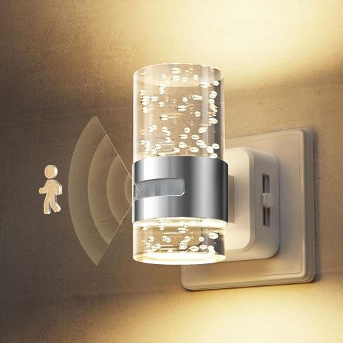 LOHAS-LED Nachtlicht Steckdose mit Bewegungsmelder, dimmbar, Warmweiß | 3 Modi ON/OFF/AUTO, 0-100% dimmbar, 60 Sek. Sensorzeit, warmweißes Licht nach oben und unten, Acrylzylinder mit Silberring