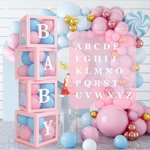 Ballon-Boxen, 4 Stück, Babyparty-Dekorationen, Boxen mit 26 Buchstaben A-Z, weiße, transparente quadratische Boxen mit Baby-Buchstaben für Jungen, Mädchen, Babyparty, Geburtstag, Mottoparty