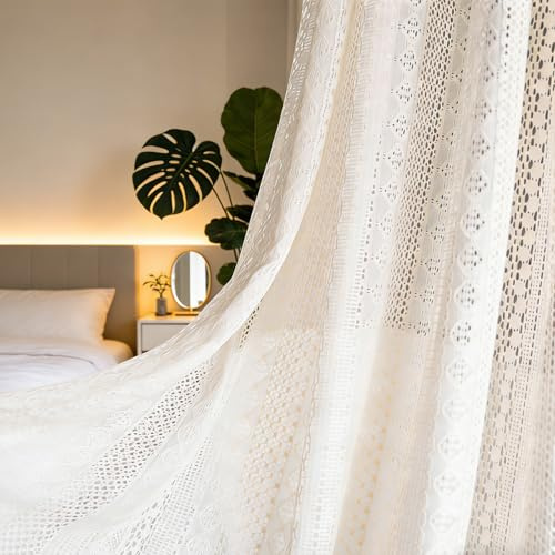 EUBSWA Vorhang Boho Häkeln Vorhänge 2er Set aus Baumwolle - Vintage Landhausstil mit Quaste, 150x160 cm Beige, für Wohnzimmer, Schlafzimmer & Outdoor (Beige-1)