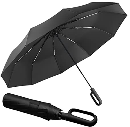 Regenschirm groß, 10 Rippen,Sturmfest –Automatisches Öffnen/Schließen, Golf Umbrella, Freien UV Schutz Faltender Sonnenschirm Taschenschirm UPF 50, Karabinergriff für Herren und Damen