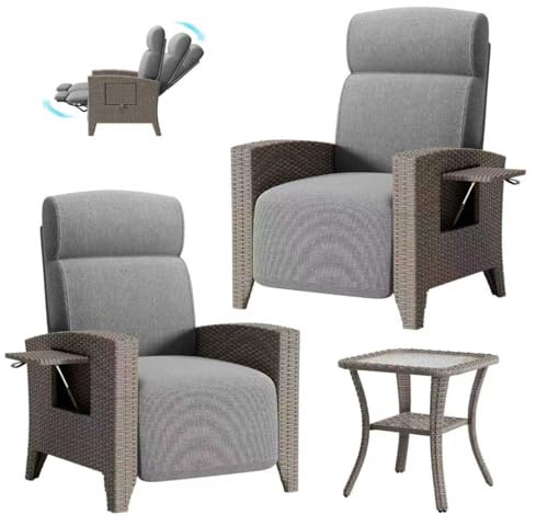 lovtuwr Rattan Gartensessel Set, Relaxliegen mit Verstellbarer Rückenlehne, Sitzkissen, Balkontisch und Abdeckung,Gartenmöbel Liegen (B-(L+R)+Couchtisch)