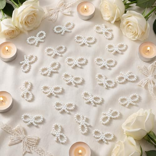 FineCheer 500 Pcs Pearl Bow Table Scatters Confetti Wedding Pearl Plastic Bow Faux Bead Charm Wedding Table Scatter Decoration for DIY Craft Bowknot Nail Cake Decoration Gift Wrapping, 0.7 x 0.39''