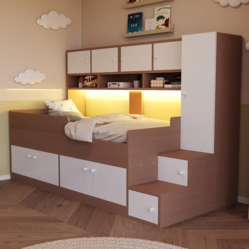 YuQozii Camas de madera para niños 90 × 200 cm, con espacio de almacenamiento, compartimentos, armario y escalera de trepado fácil, con iluminación LED, marco de cama para niños con barandilla de
