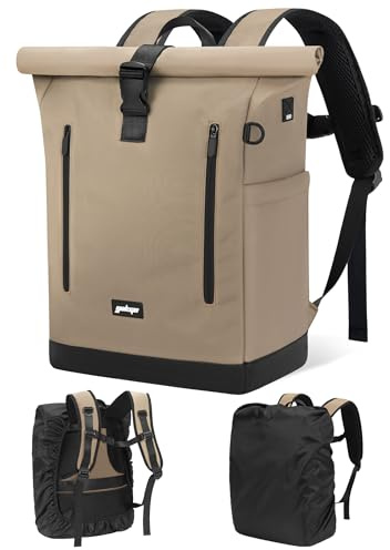 YOKGO Rucksack Damen & Herren, 24-30L Rolltop Rucksack Laptoprucksack mit 17 Zoll Laptopfach & USB Anschluss, Wasserabweisend mit Regenhülle, Schulrucksack Reiserucksack für Uni Arbeit Freizeit Reisen