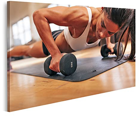 islandburner Bild auf Leinwand Starke Junge Frau Push Ups Hanteln Fitness Modell In Turnhalle Bilder Wandbilder Poster